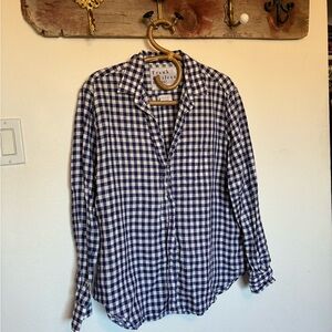 Frank & Eileen Navy Blue Gingham Check Linen Button Down Shirt Womens Medium
